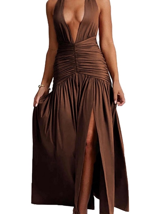 Dresses & Skirts - Brown Deep V-Neck Ruched Maxi Dress